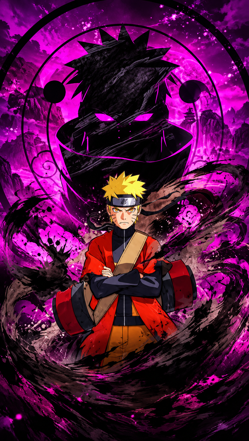Naruto standing with crossed arms in front of a dark purple shadow with glowing eyes